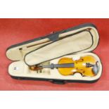 A modern Palatino violin, having two-piece back, ebony fingerboard, ebonised pegs, bearing label '