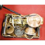 A box of miscellaneous 19th century and later metalware, to include brass trivet, fire tools, bed-