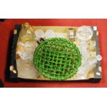 A box of miscellaneous china and glassware, to include modern green glazed table bowl of lattice