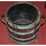 A coopered oak twin handled coal bucket, having removable metal liner