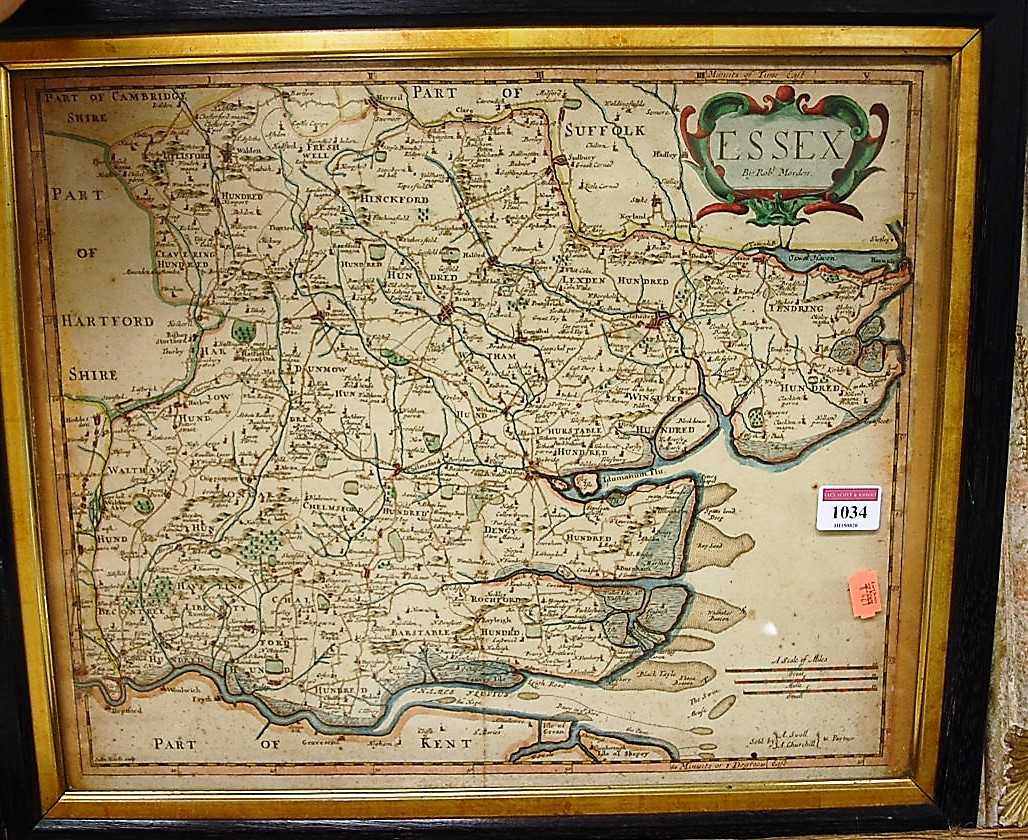 After Robert Morden - 18th century engraved county map of Essex, being later hand-coloured, 36 x