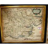 After Robert Morden - 18th century engraved county map of Essex, being later hand-coloured, 36 x