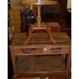 A contemporary Eastern hardwood low two drawer two-tier occasional table, w.79cm; together with a