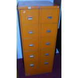 A mid-20th century orange painted steel ten drawer office filing cabinet, width 55cm