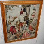An embroidered needlework wall panel, depicting figure landscape scene housed in a bird's eye