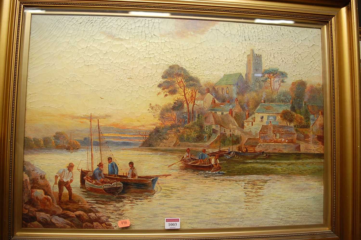 E Crowther - Fisherman at sunset, oil on canvas, signed lower right, 45 x 65cm