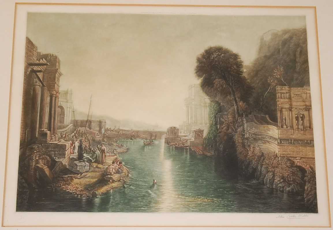 John Cother Webb (1855-1927) - Italianate river scene, colour mezzotint, signed in pencil to the