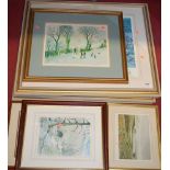 Assorted reproduction prints; together with two framed watercolour studies of birds