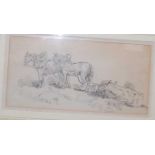 Late 18th century English school - Horses pulling a log, drawing, 9 x 18cm