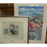 Jean Fleming - Still life, watercolour; and Cecilia Russell - Lost for Words, framed print, signed
