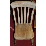 A collection of five various early 20th century elm seat and beech slatback kitchen chairs (