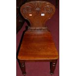 A Victorian mahogany and relief carved panelled seat single hall chair; together with a 19th century