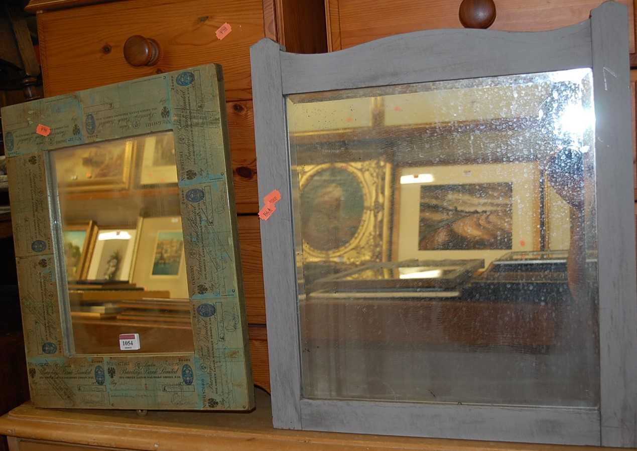 Three various painted wood wall mirrors; together with a reproduction example transfer printed