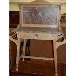 An Edwardian pine and red variegated marble washstand, having end carry handles and raised on square