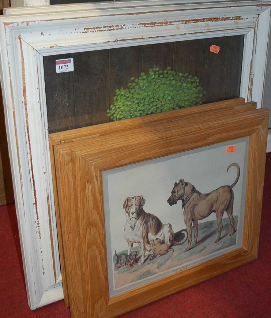 A set of four reproduction dog prints; together with a pair of furnishing prints in distressed white
