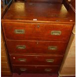 A late 19th century mahogany flush brass handled campaign chest, of four long drawers, raised on