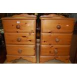 A pair of modern pine ledgeback three drawer bedside chests, w.42.5cm