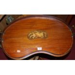 An Edwardian mahogany and satinwood inlaid kidney shaped drinks tray, having brass carry handles,