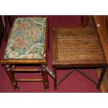 An early 20th century turned oak and floral fabric inset dressing stool; together with an oak square