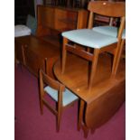 A 1960s teak dining suite, comprising; D-end drop leaf dining table with gateleg action, and a set