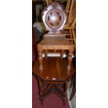 A Victorian oak panelled seat hall chair, together with an Edwardian walnut octagonal occasional