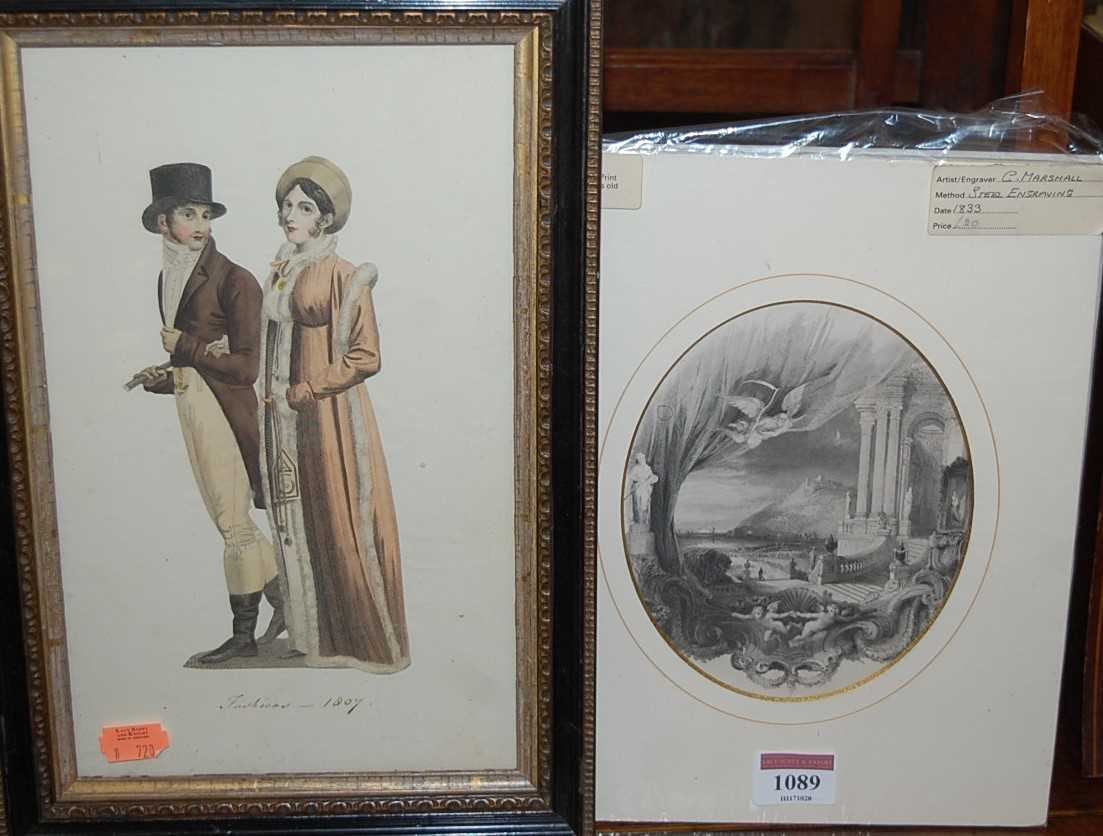 Assorted 19th century engravings, to include fashion prints, one framed and the rest loose,