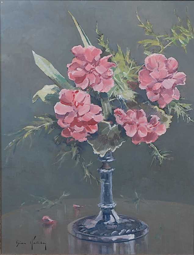 Brian Halliday (1936-1994) - Still Life Pink Roses in a Narrow Vase, oil on board, signed lower