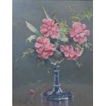 Brian Halliday (1936-1994) - Still Life Pink Roses in a Narrow Vase, oil on board, signed lower