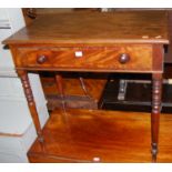 A Victorian mahogany single drawer side table, raised on ring turned slightly tapering supports, w.