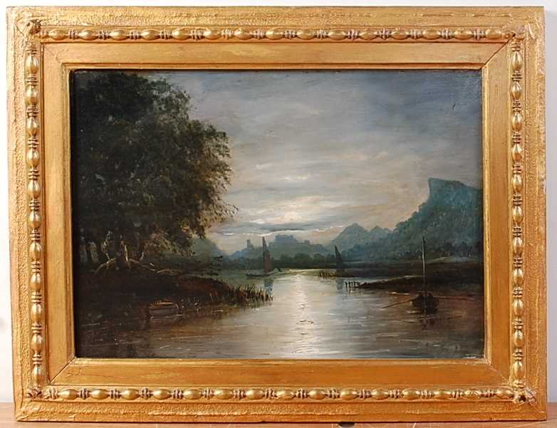 19th century school - Sailing boats upon a moonlit lake, oil on panel, 24 x 34.5cm - Image 2 of 3