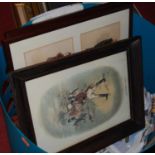 A washing basket containing various prints, to include humorous sporting examples