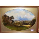 19th century English school - Extensive landscape, oil on canvas, framed as an oval (a/f), 26 x