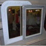 A rustic French white painted floral carved wall mirror; together with a grey painted square
