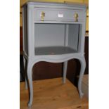 An early 20th century French and later grey painted serpentine single drawer bedside table, having