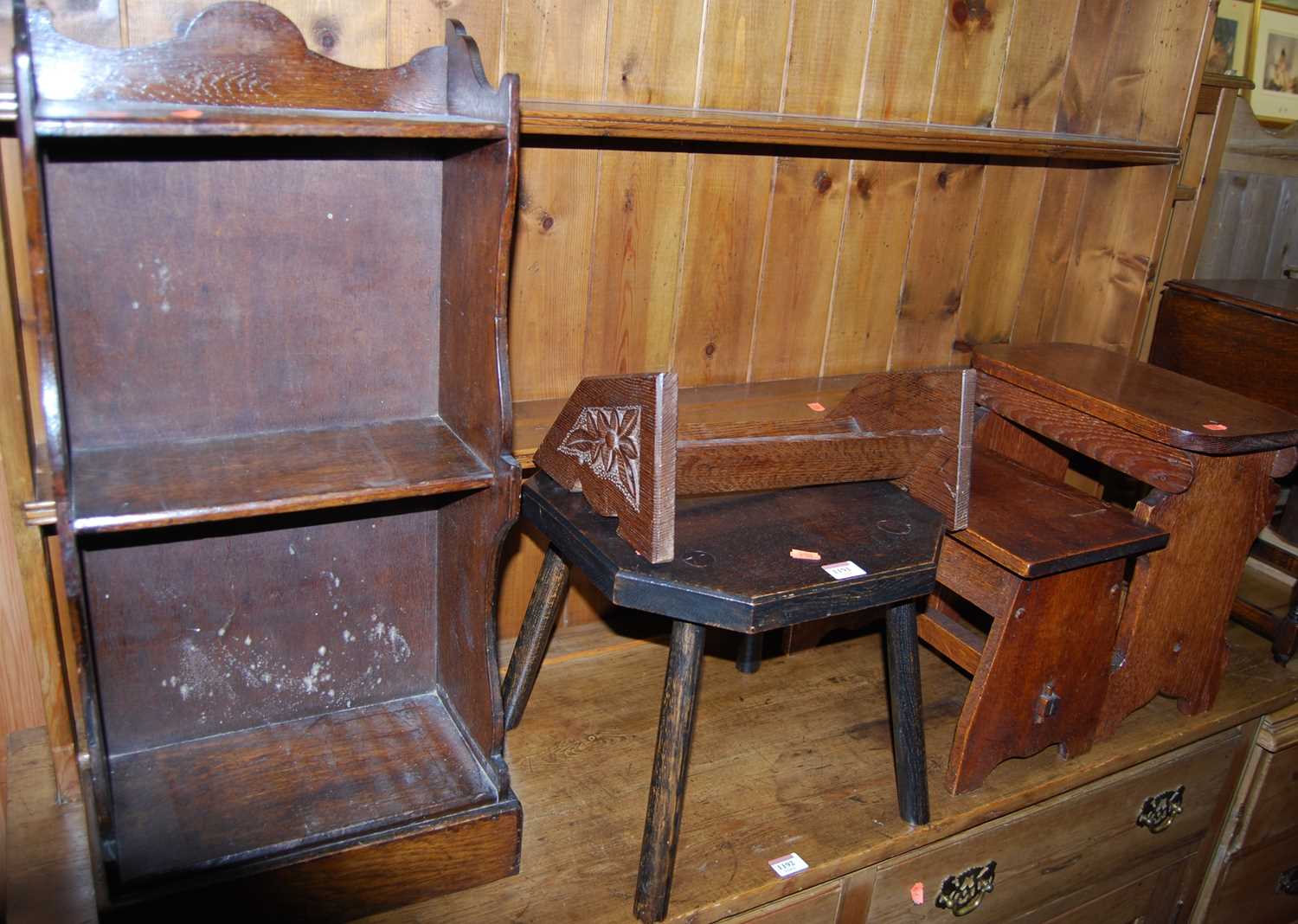 Various early 20th century small oak occasional furniture, to include; three sundry stools, one