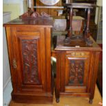 An Edwardian relief carved walnut ledgeback single door bedside cupboard; together with a similar