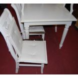 A contemporary white painted French style dining suite, comprising; rectangular dining table
