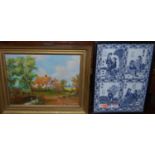 A reproduction Chinese porcelain panel, 30 x 22cm; together with various amateur oils