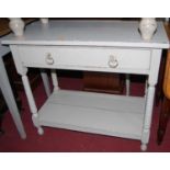A 19th century oak and later grey painted single drawer two-tier side table, w.84cm