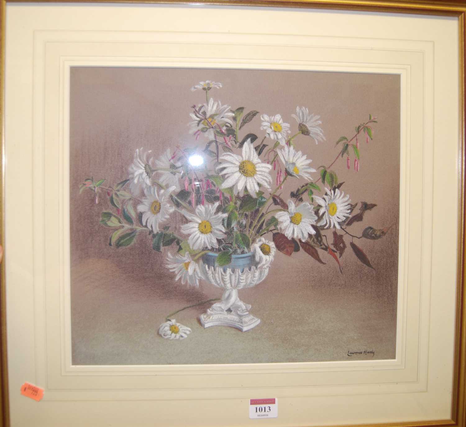 Lawrence Hardy - Daisies and Fuchsias in a pedestal bowl, pastel, signed lower right, 31 x 35cm,