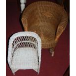 An early 20th century wicker childs tub chair, and one other painted smaller similar example (2)