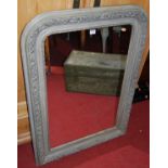 A 19th century French pine and floral gesso framed grey painted arched wall mirror 105 x 74cm