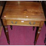 A mahogany single drawer side table, raised on turned slightly tapering supports, w.61cm