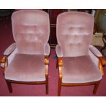 A pair of contemporary elm framed and buttoned upholstered armchairs, w.60cm