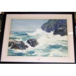 Thmoas S Hutton (c1875-1920) - Waves crashing on the cliffs, watercolour, signed and dated 1901