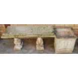 A reconstituted stone pedestal two-seat garden bench, w.107cm; together with a square section