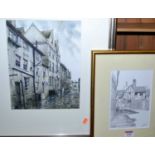 Assorted original artworks, to include John Clibbon - Barn Street in Lavenham ink sketch, Reg