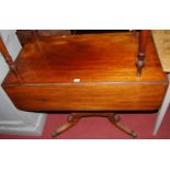 A William IV mahogany round cornered dropflap pedestal supper table, having single end drawer and on