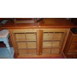 A modern pine double door glazed dresser top section (only), w.140cm