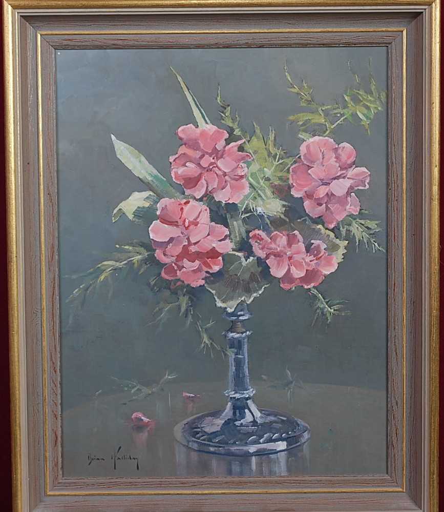 Brian Halliday (1936-1994) - Still Life Pink Roses in a Narrow Vase, oil on board, signed lower - Image 2 of 3